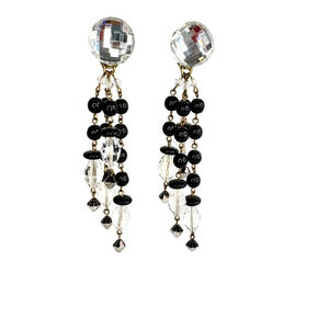 Glamorous Evening Holiday Festive Crystal Black Beaded Dangle Clip-on Earrings